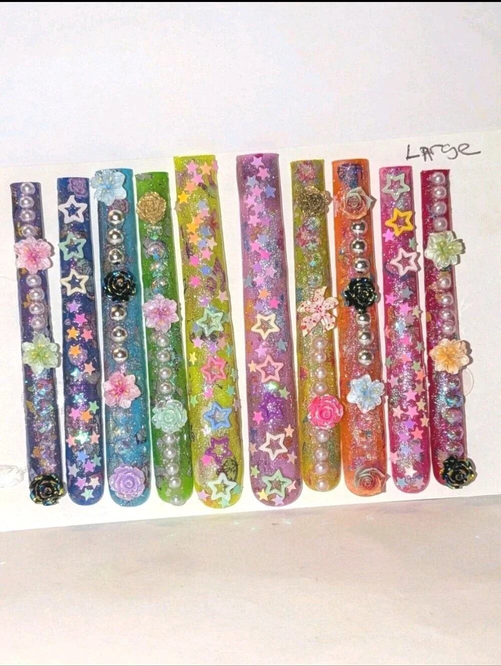 Hand Crafted Shimmering 6Xl Acrylic Colorful Designed Press On Nails Sz Large